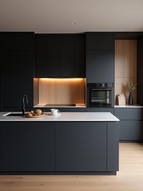 Elegant kjøkken med mørke fronter og treverk
